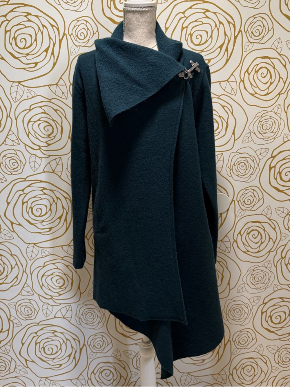 Asymmetric Teal Wrap Dress with Toggle Closure